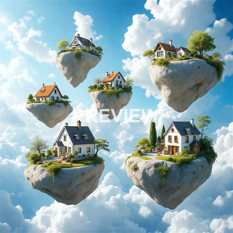The image depicts five floating islands in the sky, each with a house and surrounding greenery, set against a backdrop of clouds and blue sky.